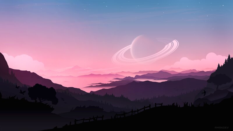 Planet with Rings in Sky — Pink