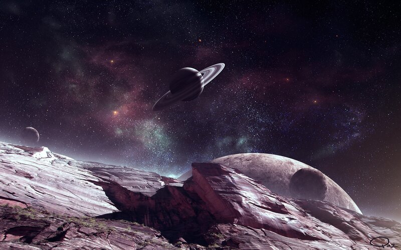 Planet with Rings in Sky — Purple, Dramatic