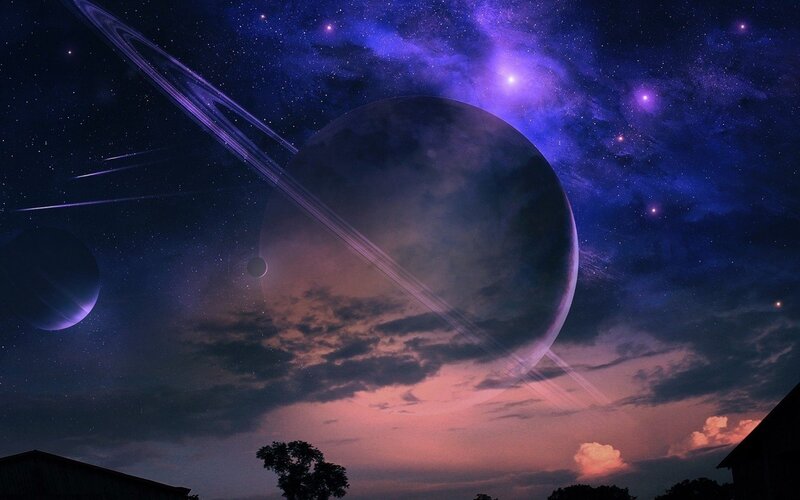 Planet with Rings in Sky — Purple