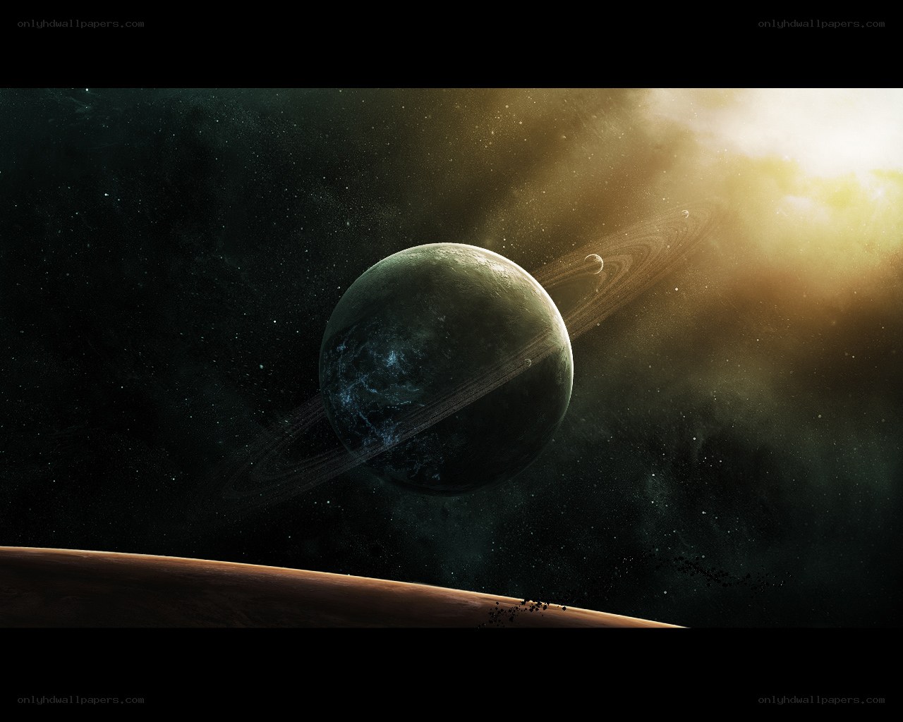 Planet with rings in space