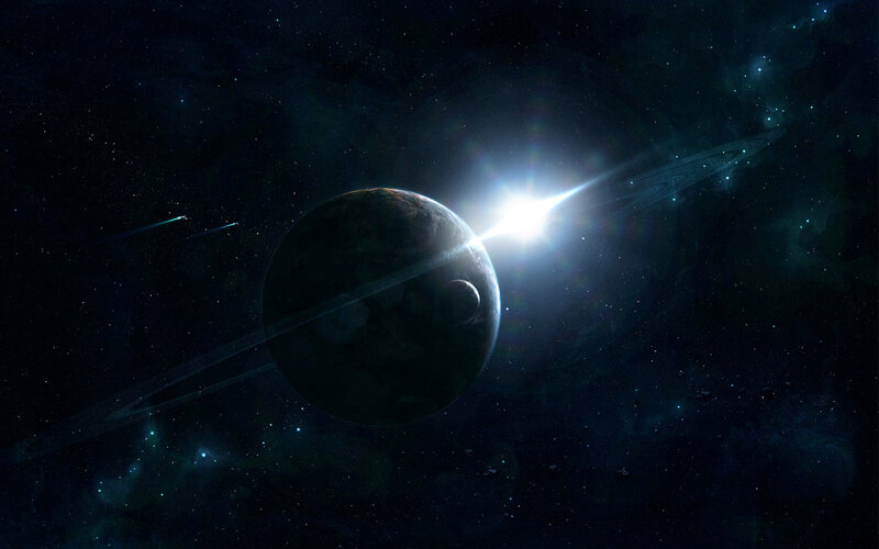 Planet with rings in space