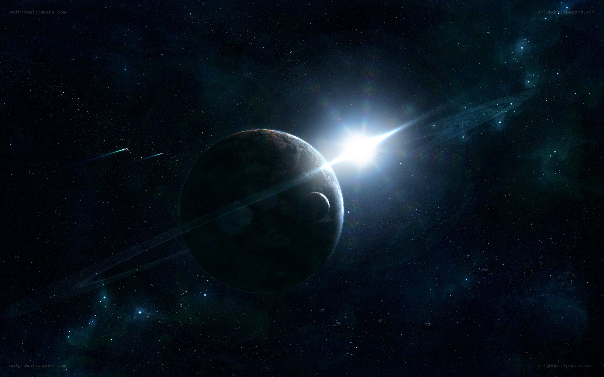 Planet with rings in space