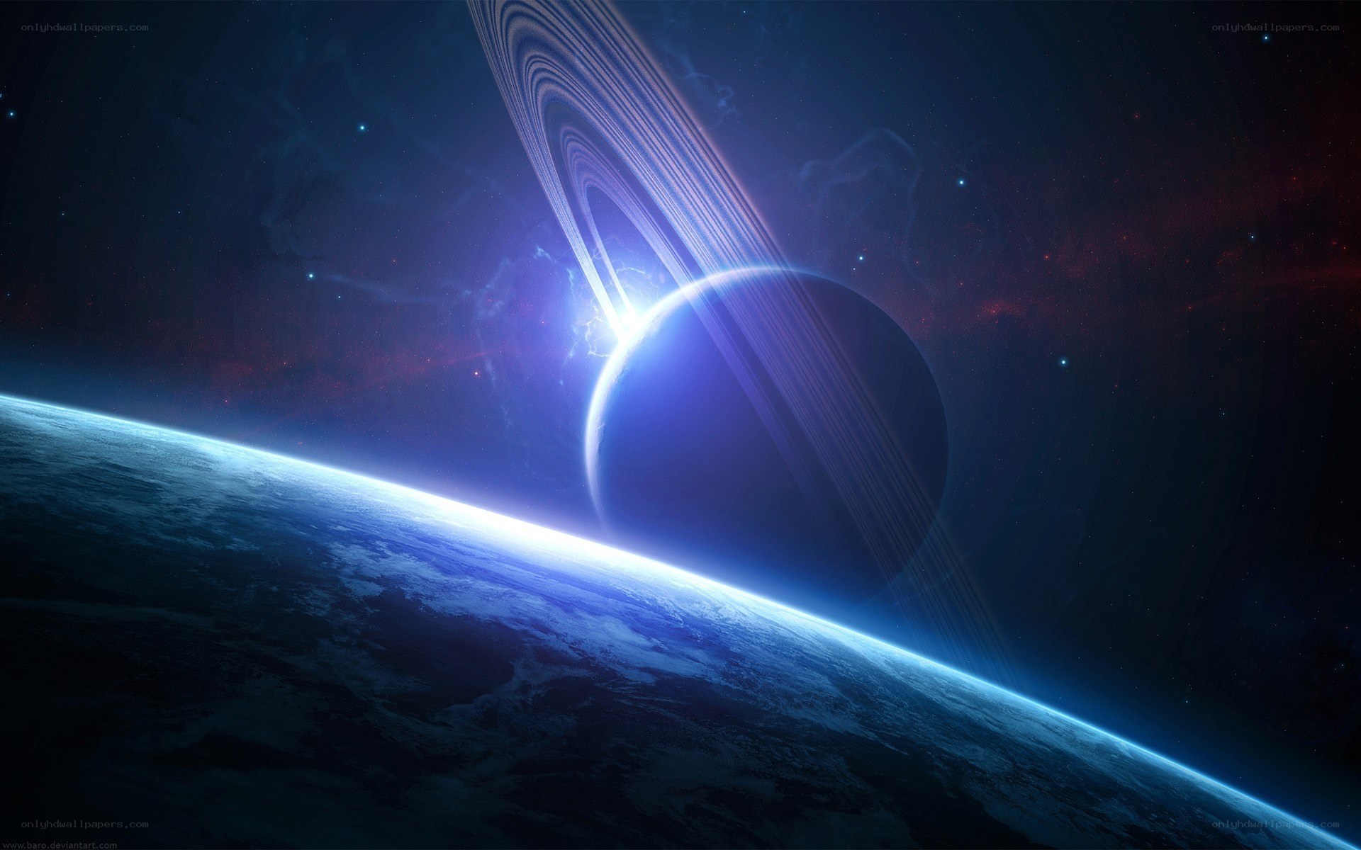 Planet with rings in space