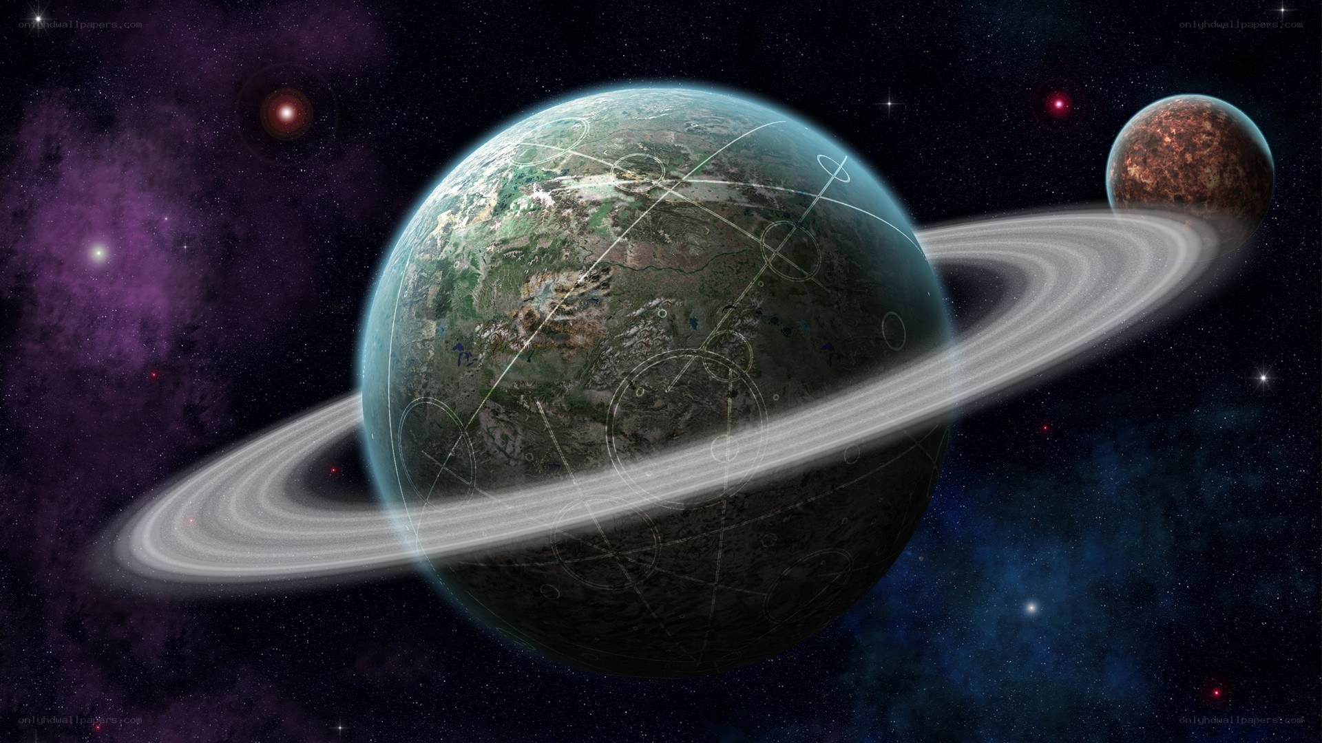 Planet with rings in space