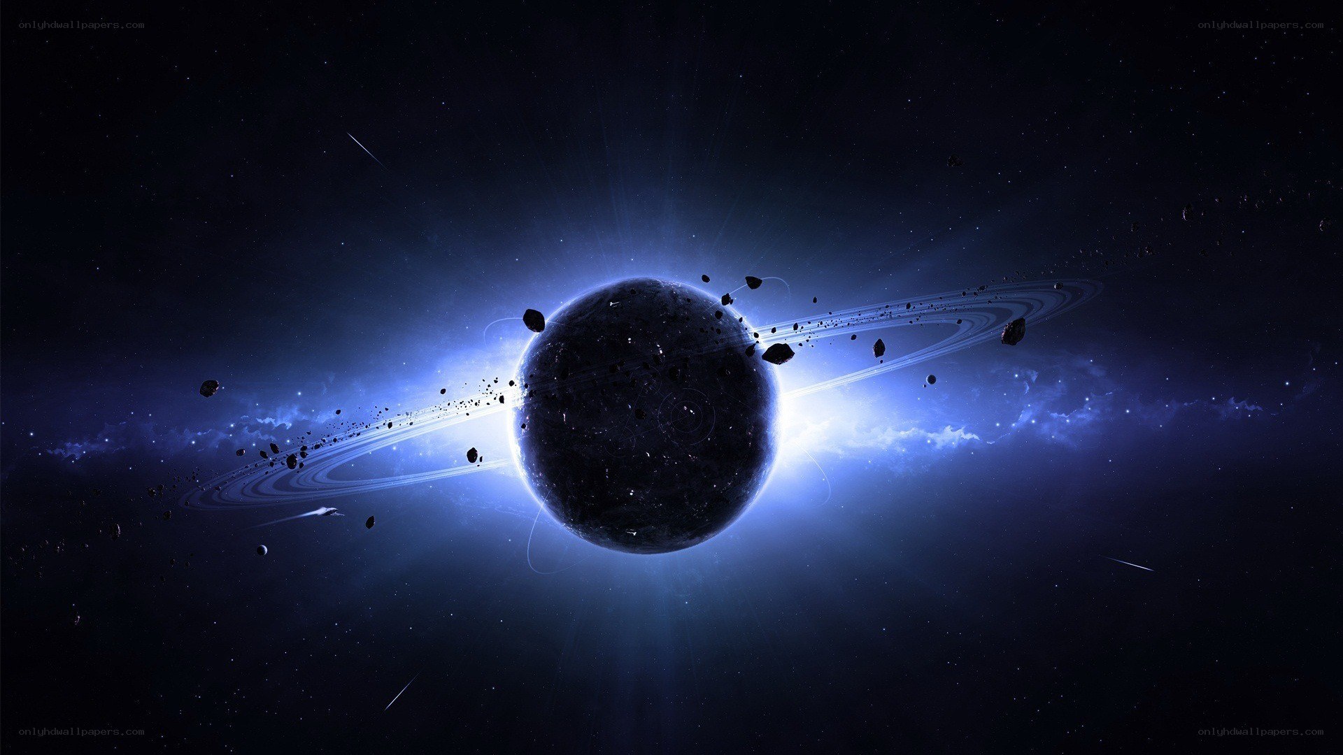 Planet with rings in space