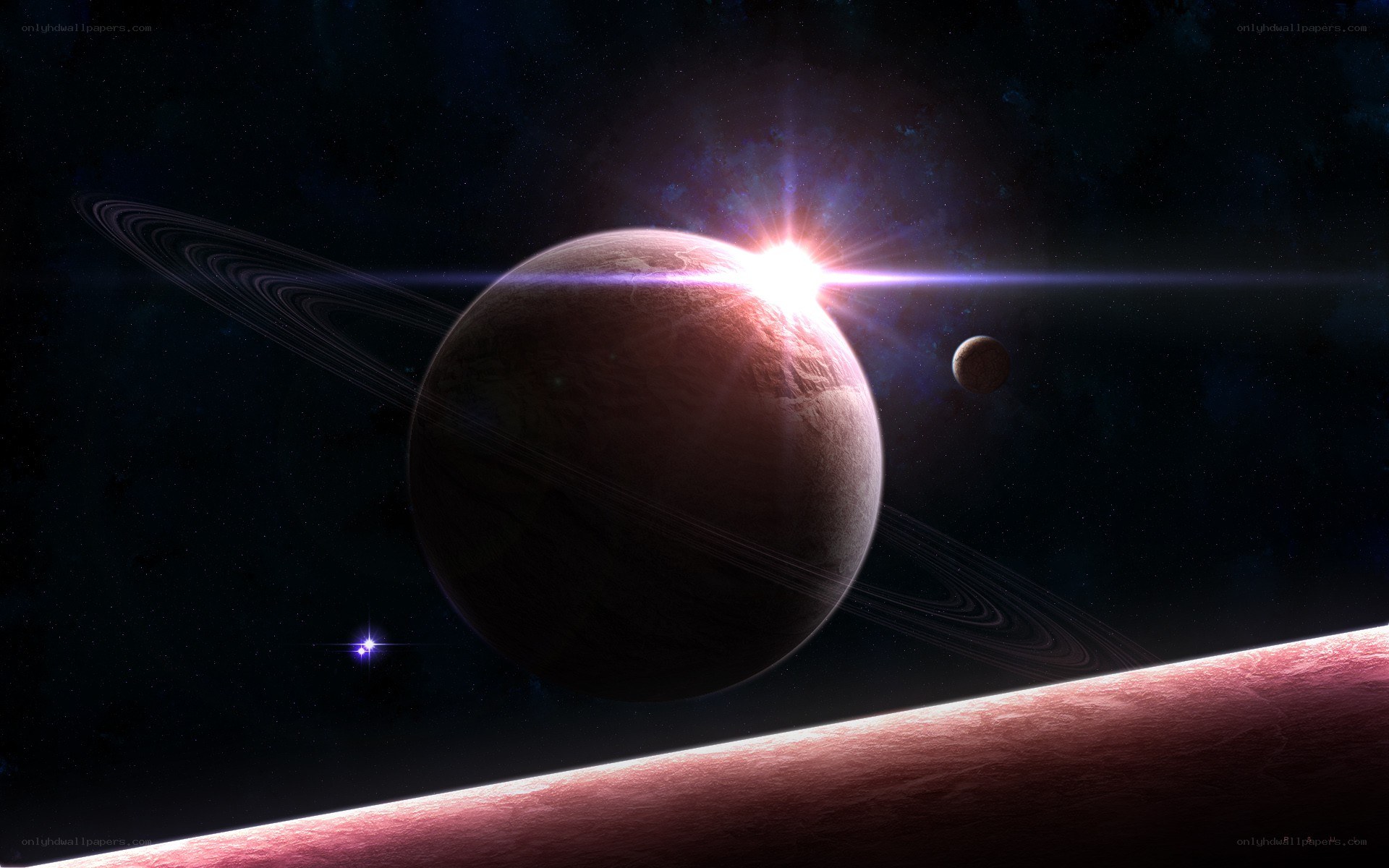 Planet with rings in space