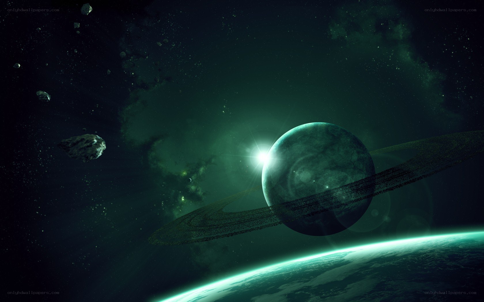 Planet with rings in space