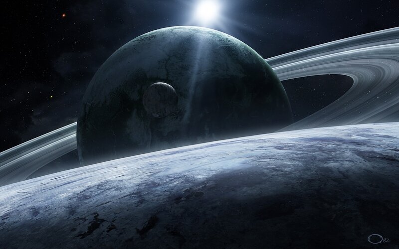 Planet with rings in space