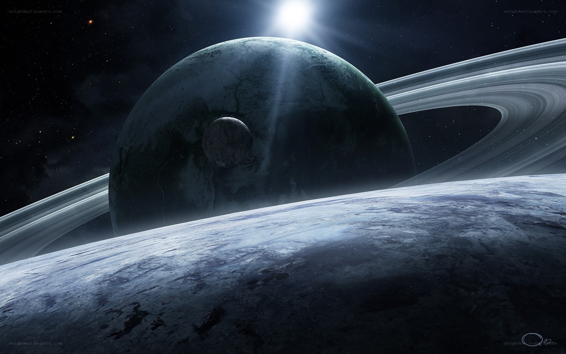 Planet with rings in space