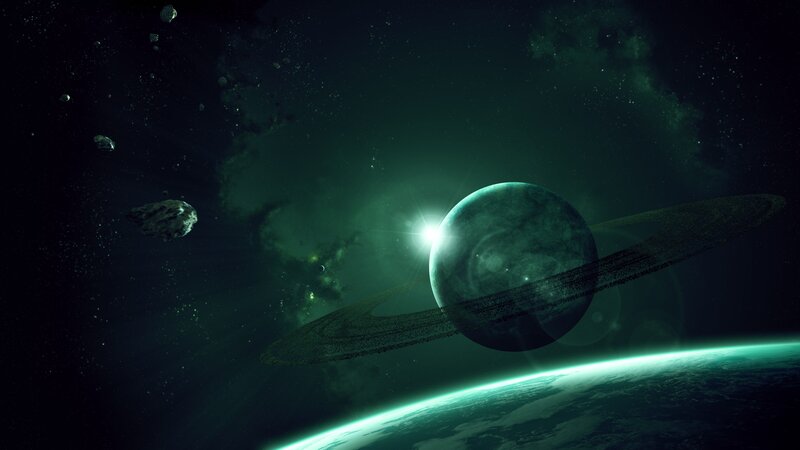 Planet with rings in space