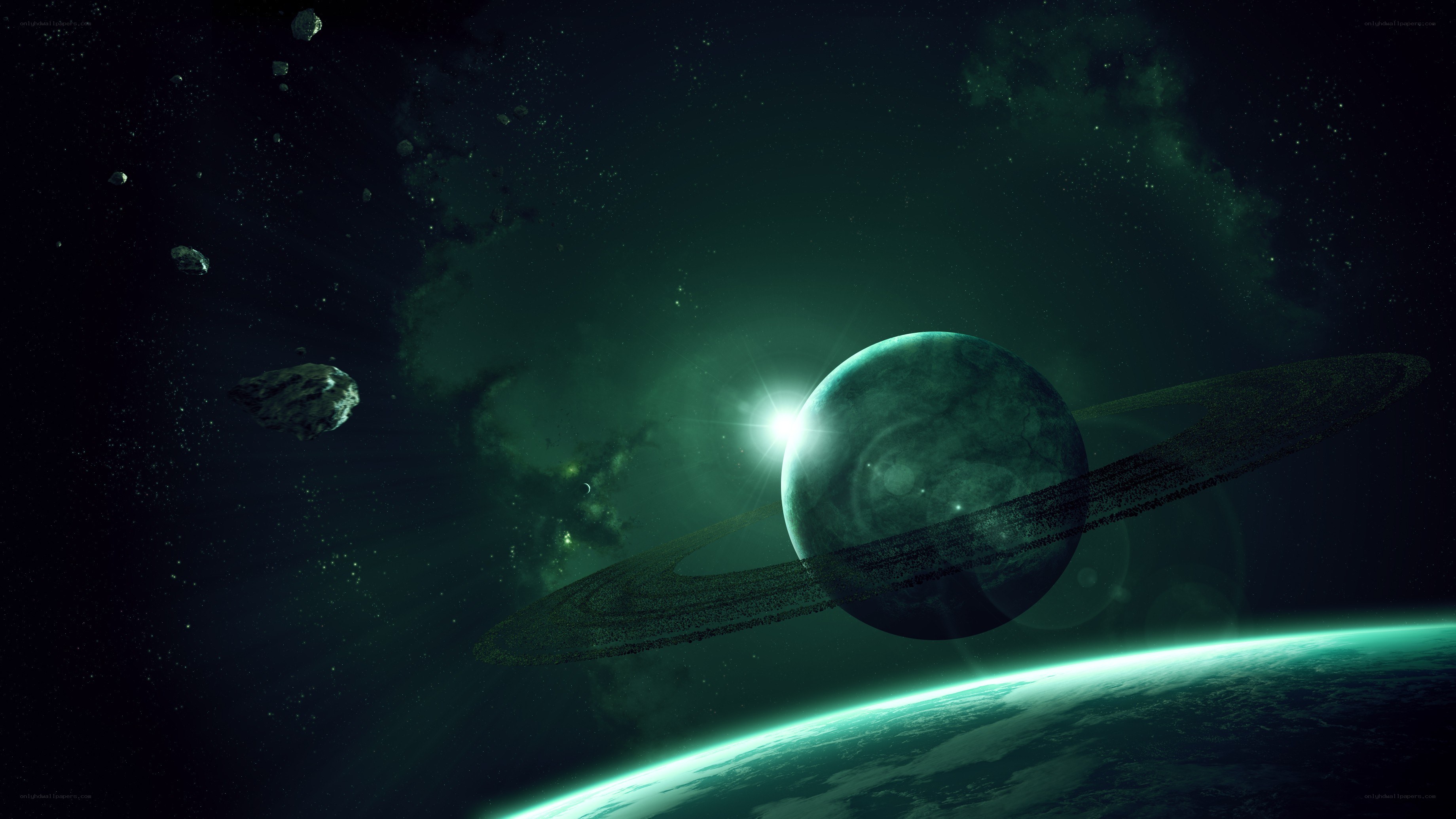 Planet with rings in space