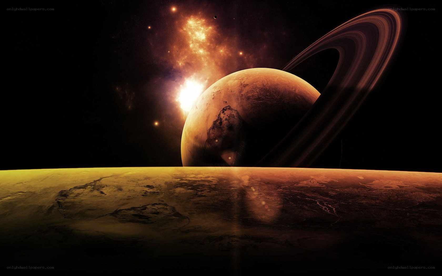 Planet with rings in space