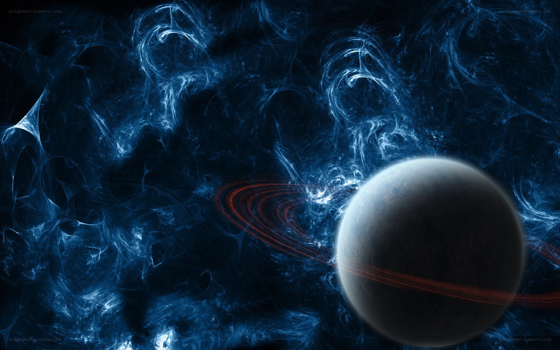 Planet with rings in space