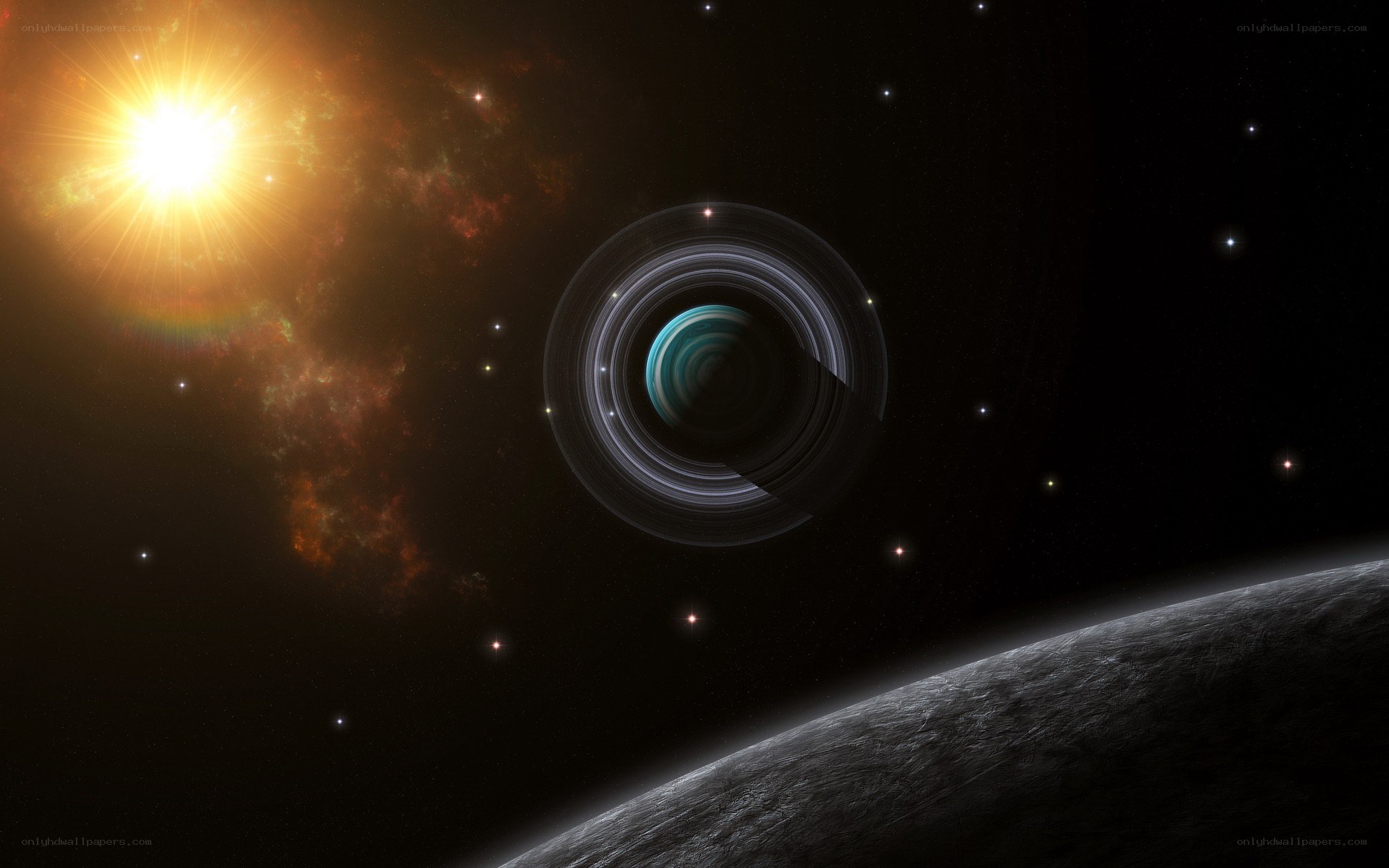 Planet with rings in space