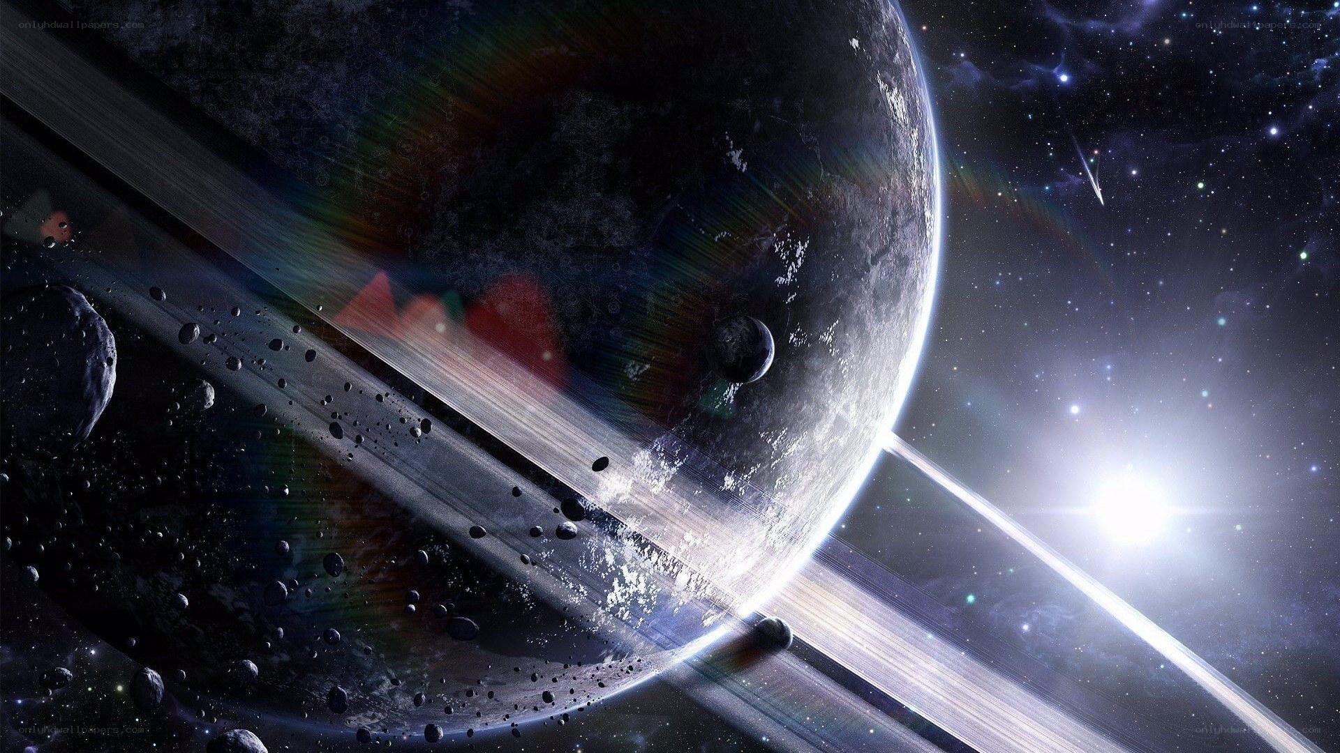 Planet with rings in space