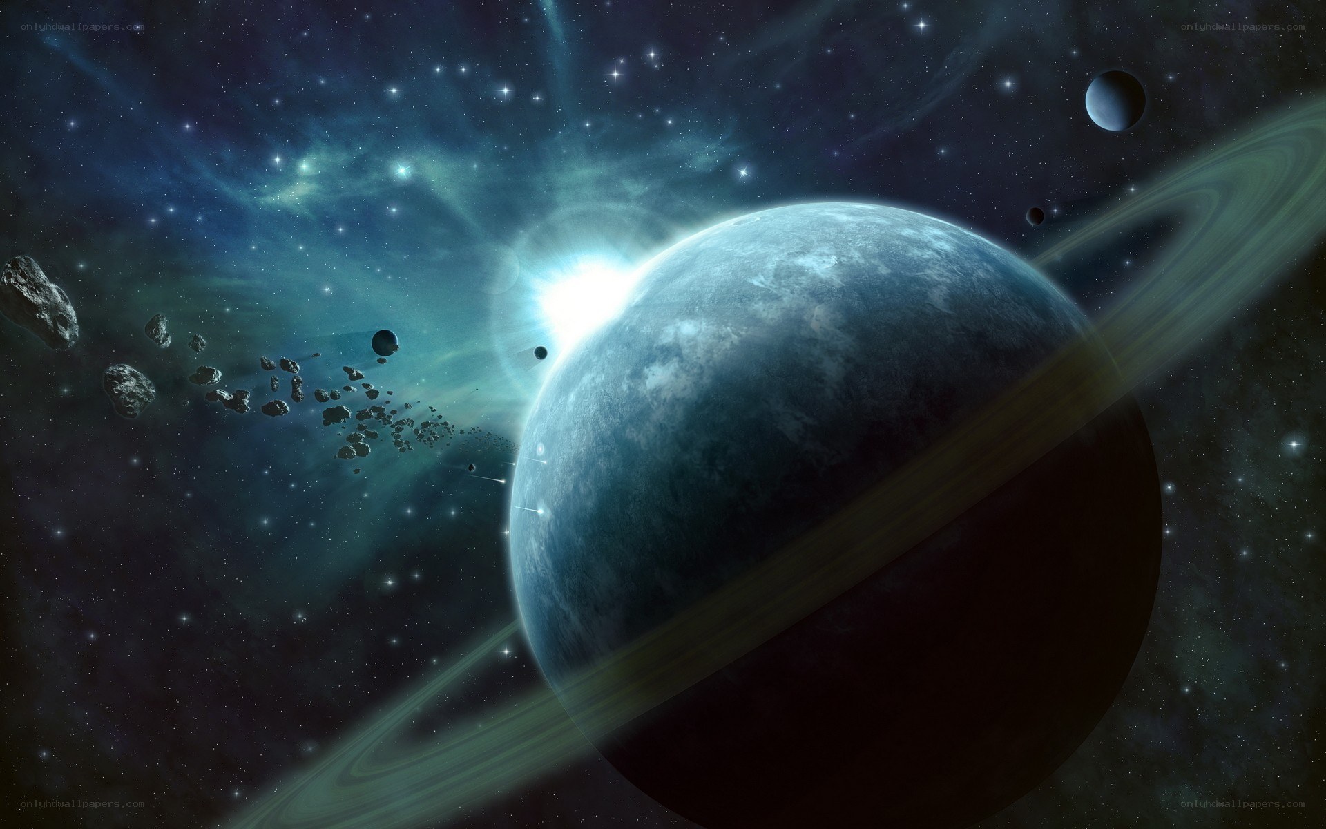 Planet with rings in space