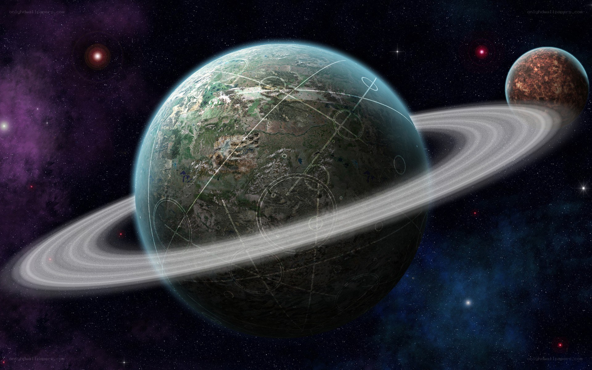 Planet with rings in space