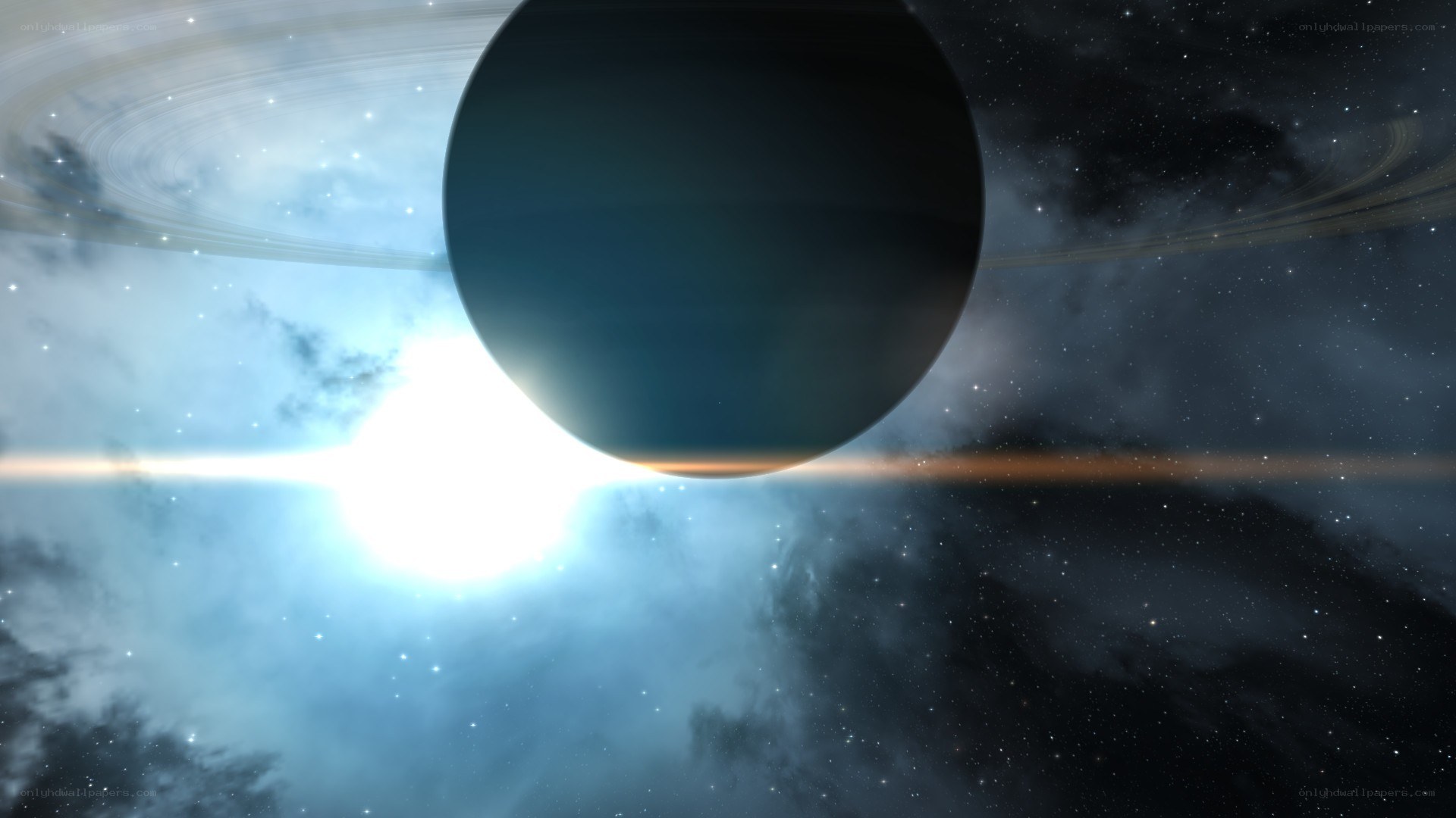 Planet with rings in space