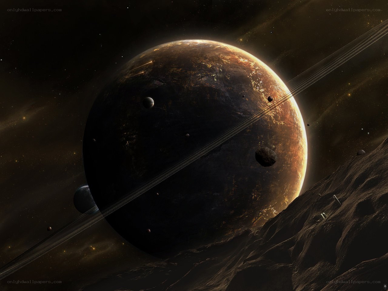 Planet with rings in space