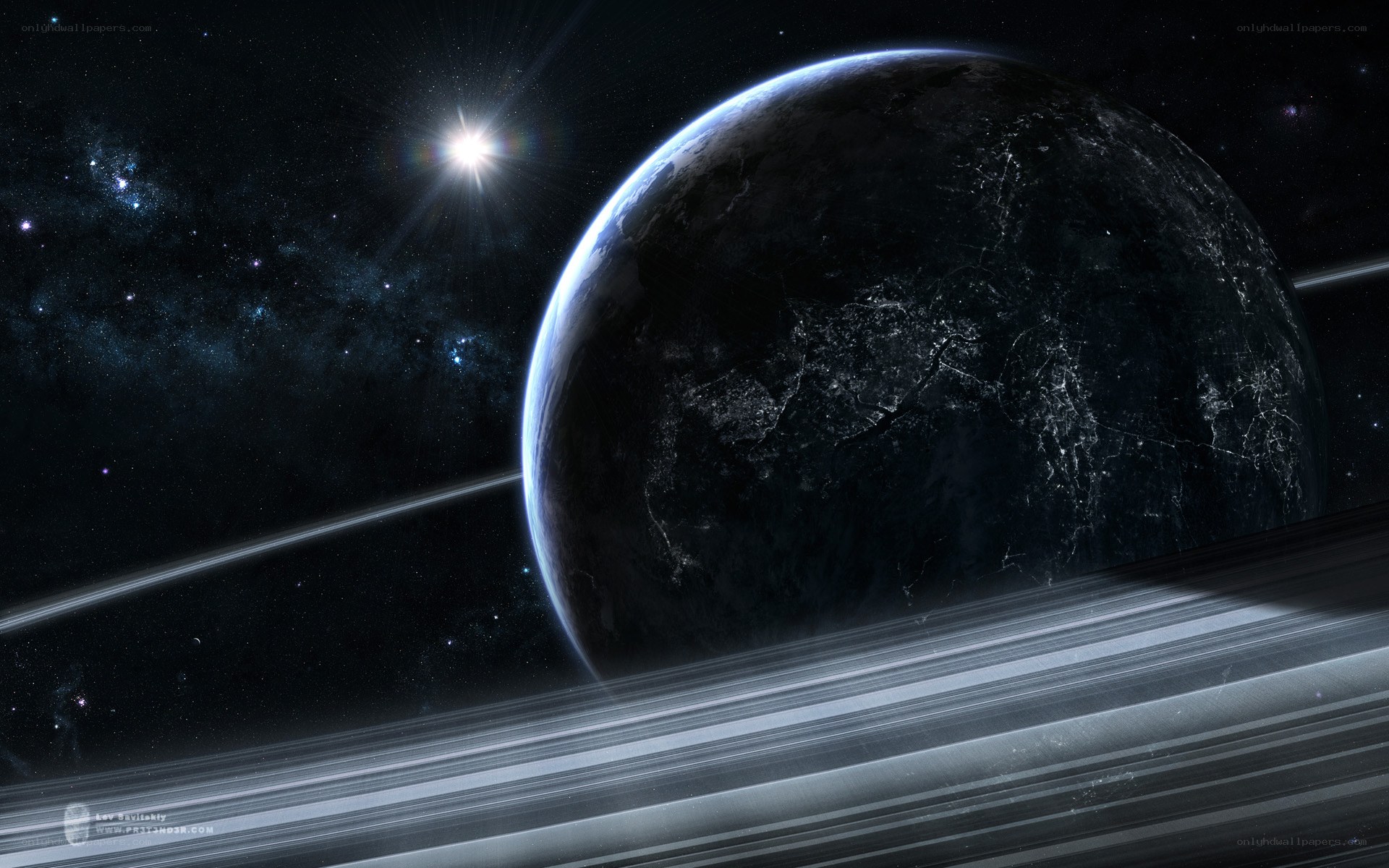 Planet with rings in space