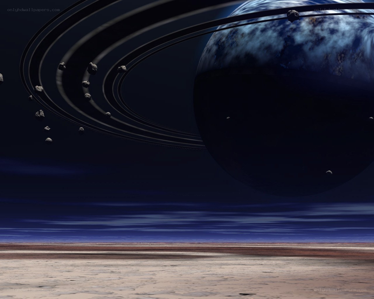 Planet with rings in space