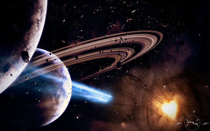 Planet with Rings in Space — Black, Dramatic, Digital Art, Asteroids, Comet