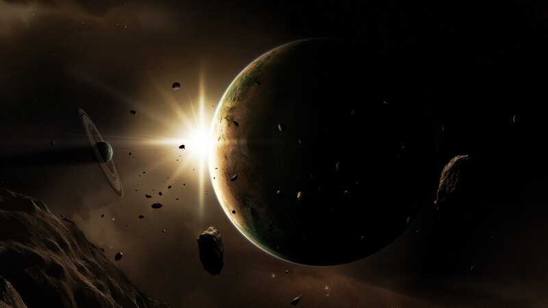 Planet with Rings in Space — Black, Dramatic, Digital Art, Asteroids