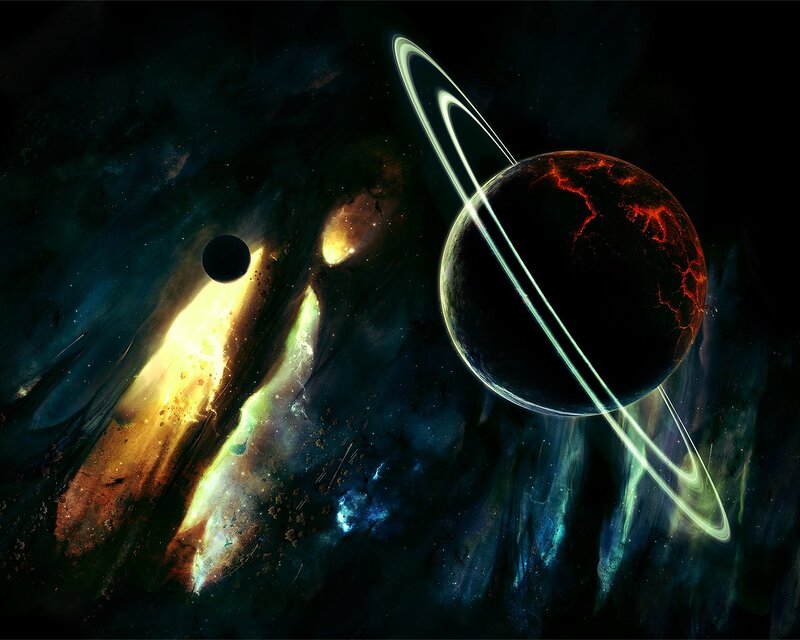 Planet with Rings in Space — Black, Dramatic, Digital Art, Nebula