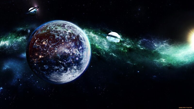 Planet with Rings in Space — Black, Dramatic, Digital Art, Planets