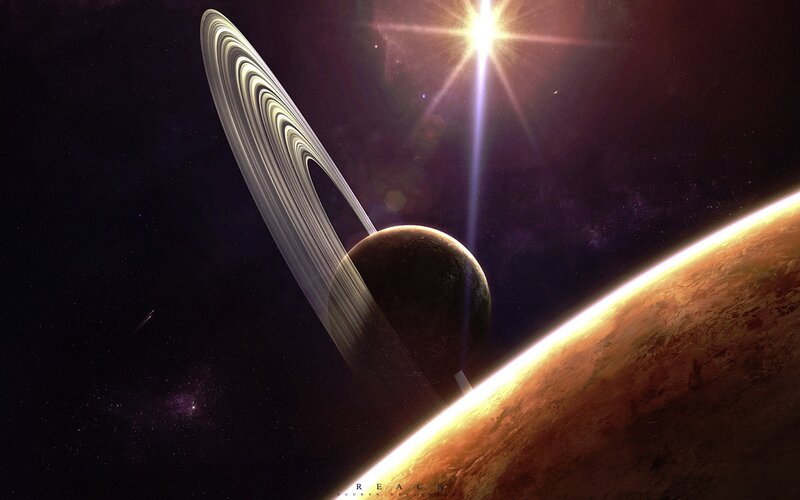 Planet with Rings in Space — Black, Dramatic, Digital Art, Star, Brown