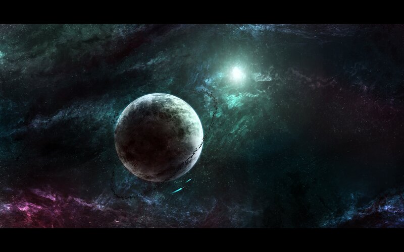 Planet with Rings in Space — Black, Dramatic, Digital Art, Star, Nebula