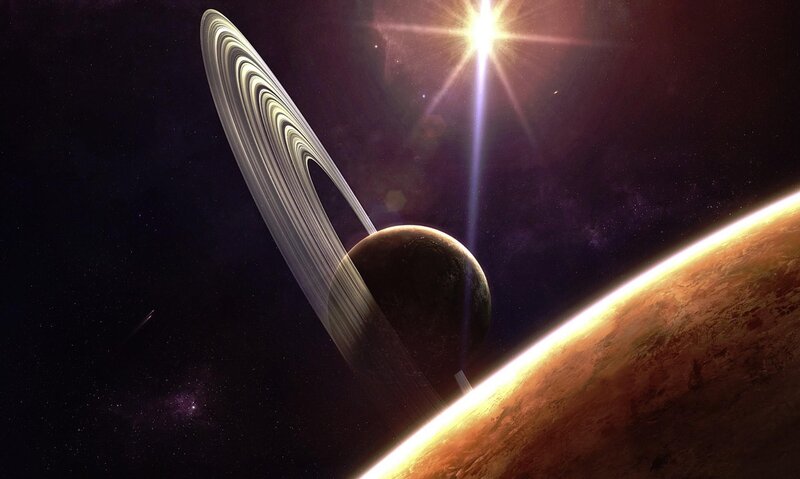 Planet with Rings in Space — Black, Dramatic, Digital Art, Star, Planets