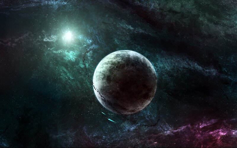 Planet with Rings in Space — Black, Dramatic, Digital Art, Star