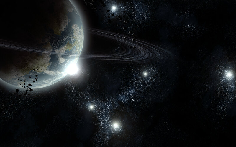 Planet with Rings in Space — Black, Dramatic, Digital Art, Stars, Asteroids