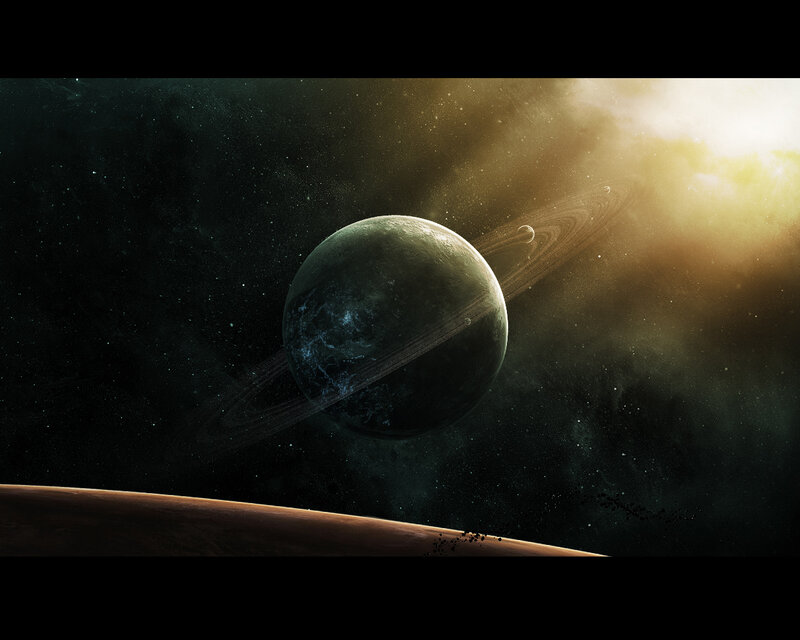 Planet with Rings in Space — Black, Dramatic, Digital Art, Stars, Moon