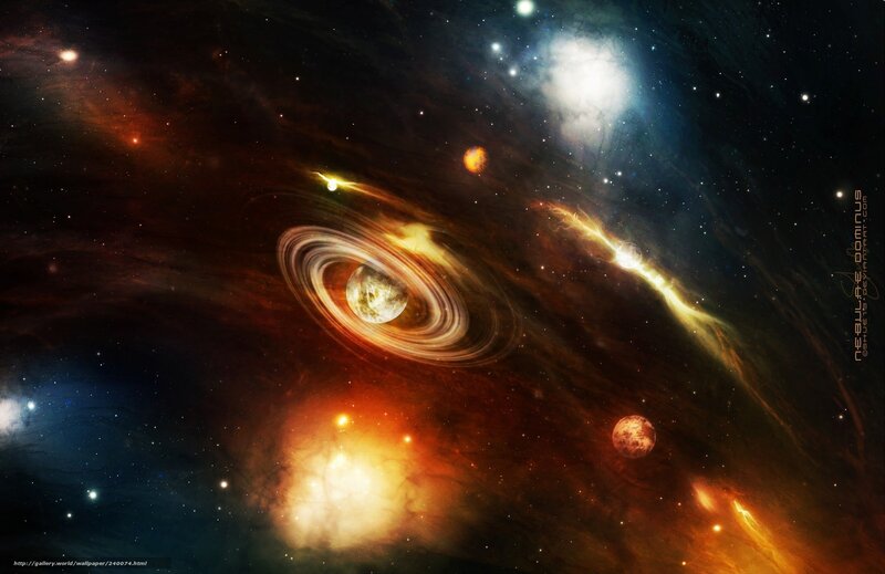 Planet with Rings in Space — Black, Dramatic, Digital Art, Stars