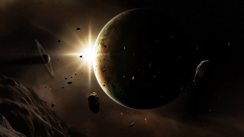 Planet with Rings in Space — Black, Dramatic, Digital Art, Sun