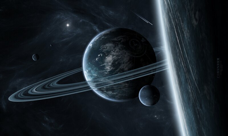 Planet with Rings in Space — Black, Dramatic, Night, Digital Art, Moon, Star, Asteroid