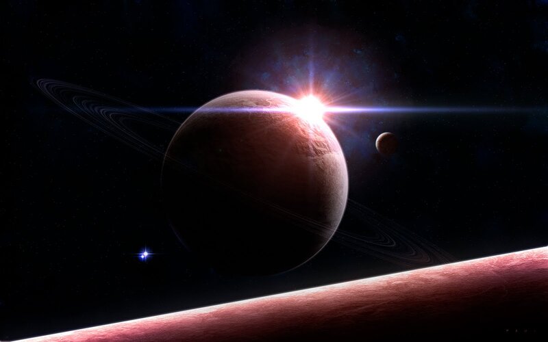 Planet with Rings in Space — Black, Dramatic, Night, Digital Art, Moon