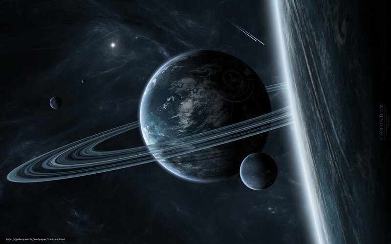 Planet with Rings in Space — Black, Dramatic, Night, Digital Art, Stars, Moons