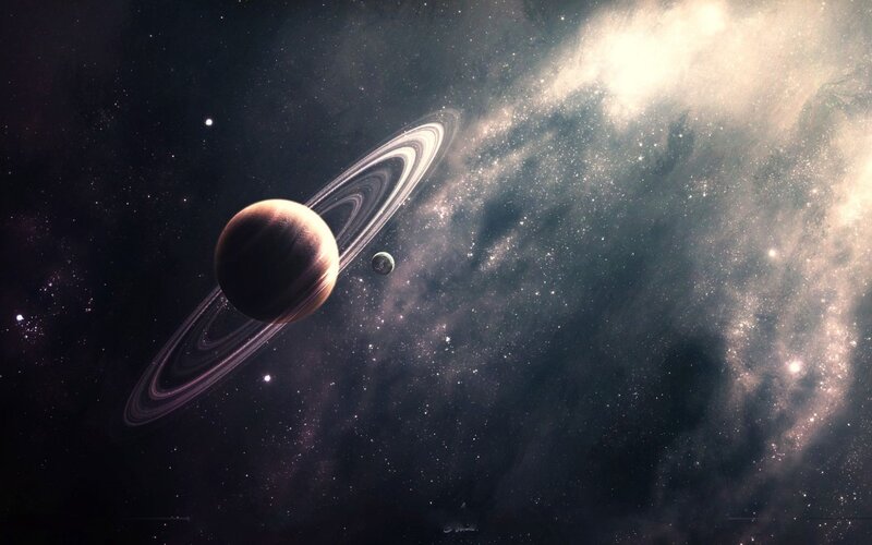 Planet with Rings in Space — Black, Dramatic, Night, Digital Art, Stars