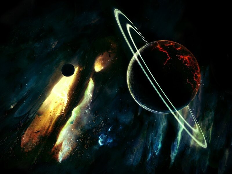 Planet with Rings in Space — Black, Dramatic, Night, Digital Art
