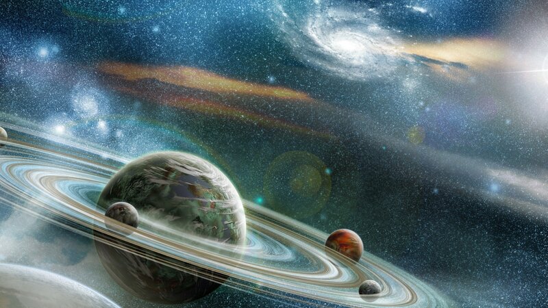 Planet with Rings in Space — Blue, Cosmic, Digital Art, Planets