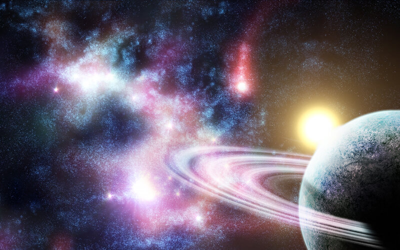 Planet with Rings in Space — Blue, Cosmic, Digital Art, Star