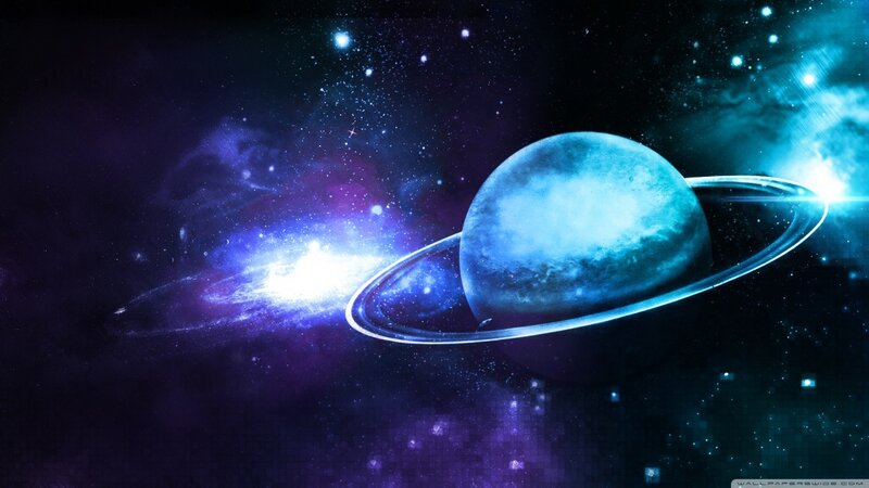 Planet with Rings in Space — Blue, Cosmic, Digital Art, Stars, Nebula