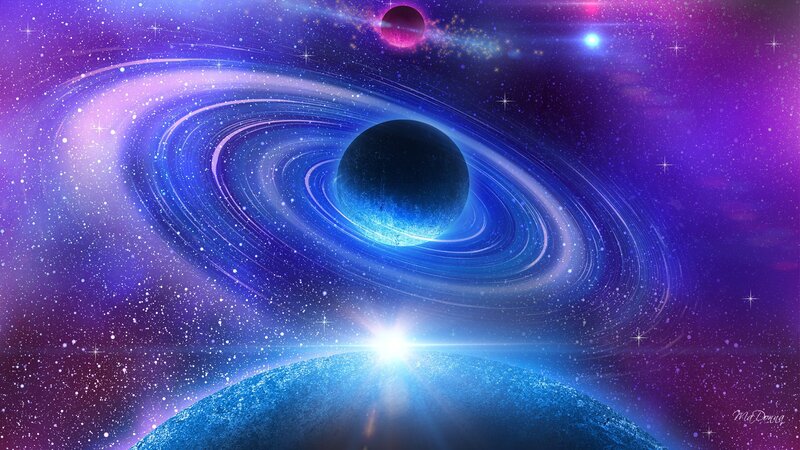 Planet with Rings in Space — Blue, Cosmic, Digital Art