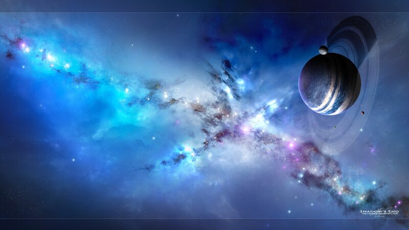 Planet with Rings in Space — Blue, Cosmic, Night, Digital Art, Nebula, Stars, Moon