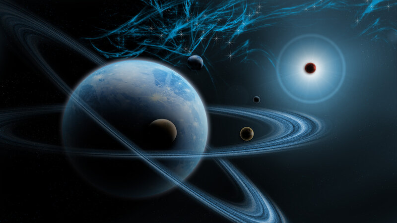 Planet with Rings in Space — Blue, Cosmic, Night, Digital Art, Stars, Moons