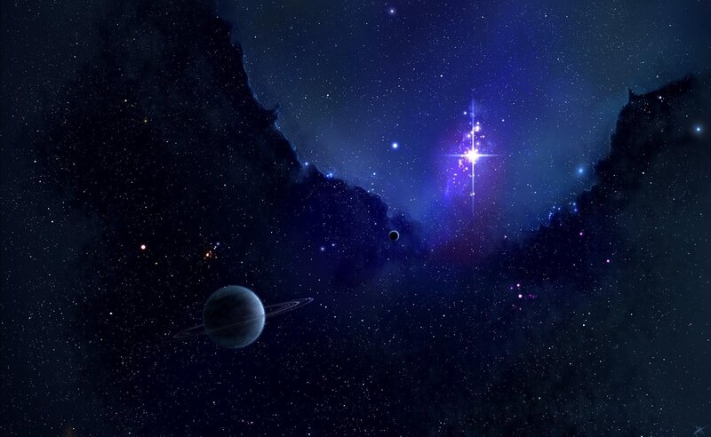 Planet with Rings in Space — Blue, Cosmic, Night, Digital Art, Stars, Nebula