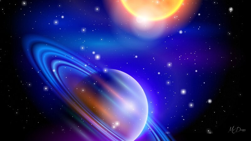 Planet with Rings in Space — Blue, Cosmic, Night, Digital Art, Stars, Sun
